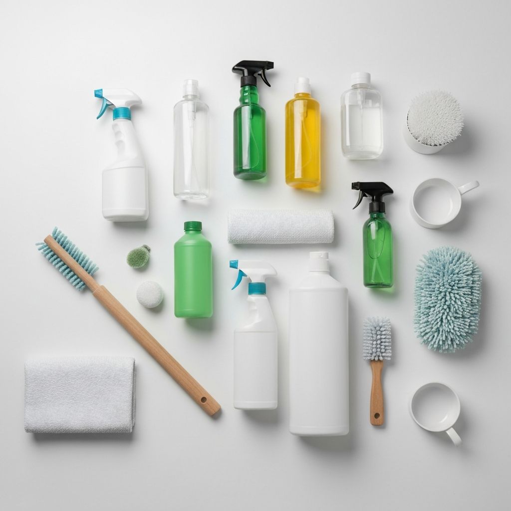 Professional cleaning supplies organized neatly
